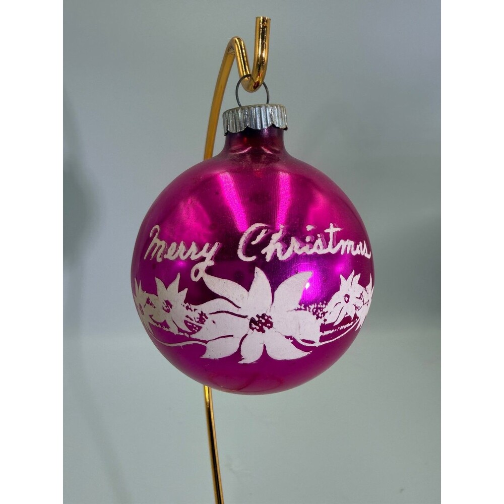 Vintage Shiny Brite Merry Christmas Poinsettia Glass Ball Ornament MCM Pink USA